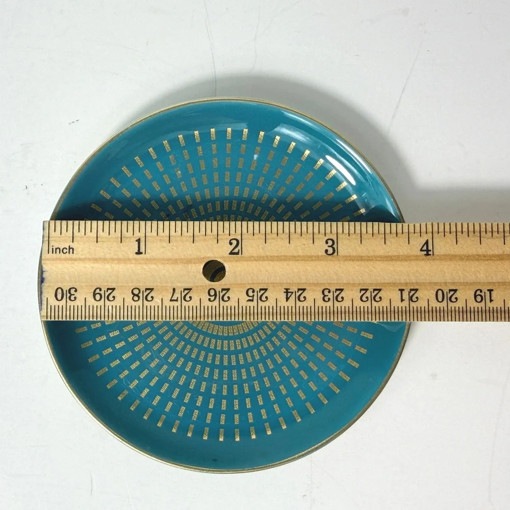 Jonathan Adler Santorini Mykonos Teal Gold Round Porcelain Trinket Dish 4.75